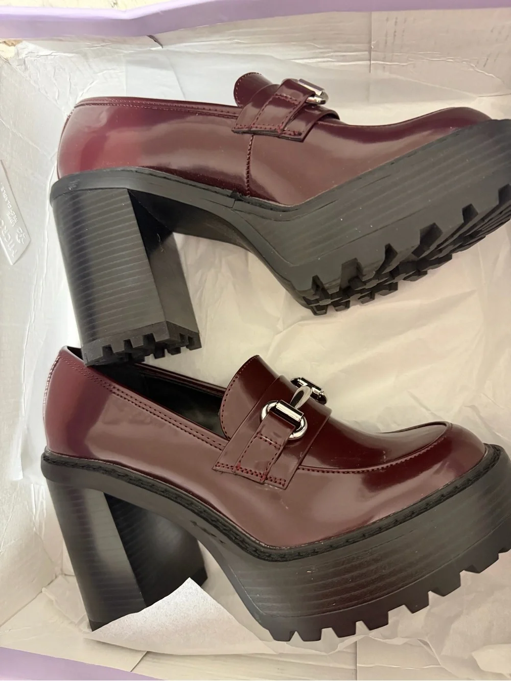 Madden Girl burgandy brown-mahogany platform loafers with heels.